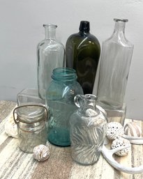 Vintage Bottle Assortment Incl. Green Glass Ball And Atlas