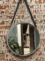 Leather Strap Mirror With Welded Steel Perimeter,  Artisan Look W/ Braided Leather Tack Strap