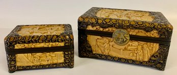 Set Of  Two Ornate Carved Wood Asian Inspired Boxes