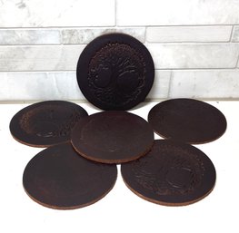TooledStamped Leather Set Of 6 Coasters, Perfect Stocking Stuffer , 3.75 Diameter