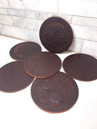 TooledStamped Leather Set Of 6 Coasters, Perfect Stocking Stuffer , 3.75 Diameter