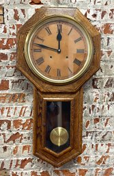 Vintage Oak Pendulum Clock With Leather Face And Key