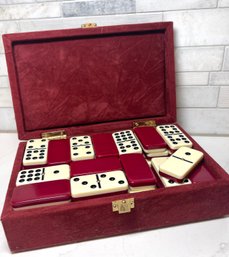 Gorgeous Set Of Double 9 Dominos. Red Velvet Box W/brass Spinners And Dk Red Backing