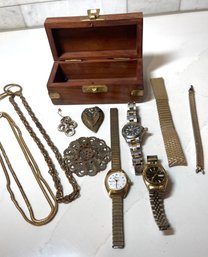 Fabulous Wood Box/brass Detail W/time Pieces, Pocket Watch Chain, Jewelry Pieces, Findings