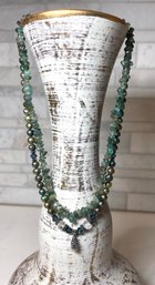 Artisan Double Strand Necklace With Stone Chips/ Pearls Sterling Pendant And Clasp