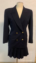 Christian Dior Navy Suit- Pleated Skirt  Jacket With Gold CD Buttons