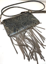 Great Little Tooled Leather Crossbody Purse With Leather Fringe. 5x9