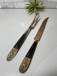 Thai Walnut And Brass Carving Set.