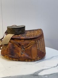 Vtg Fishing Creel With Metal Bait Box And Wool Leather Straps
