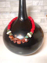 Artisan Designed Turquoise, Coral And Carnelian  Necklace With Sterling Silver Findings.
