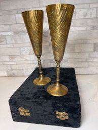 Vintage Tall Brass Goblets In Orig. Black Velvet Box