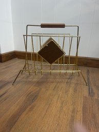Mid Century Modern Wire Magazine Rack With Wood Toned Panels