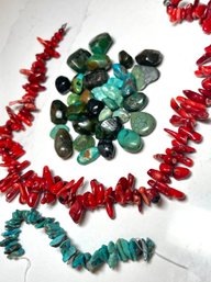 Semi Precious Gemstone Beads:Red Coral Turquoise Chips And Various Size Turquoise. #1