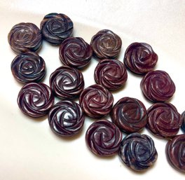 Semi Precious Gemstone Beads:  Large Carved Rose Discs, Deep Red And Burgundy/brown