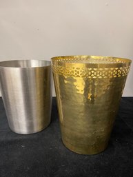 A Pair Of Metal Trashcans, Gold  Pierced And Hammered And Stainless Steel.