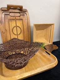 Assorted Wood Trays And Bowls, Bamboo, Grapevine Carved Etc