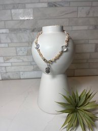 Puka Shell And Crystal Necklace With Sterling Pendant And Clasp