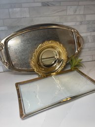 Vtg Fancy Serving Platters.  Oblong Etched With Handles, Ornate Rimmed Bowl & Glass Platter