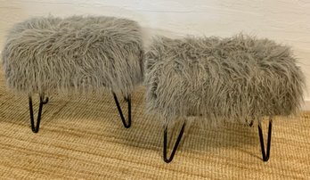 Set Of 2 Gray Faux Fur Hairpin Leg Benches