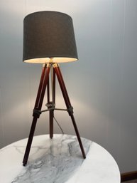 Classic Adjustable Tripod Table Lamp. Darker Wood With Brass Accents And Gray Linen Shade