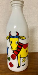 Vintage Egizia White Glass Milk Bottle With Colorful Cow