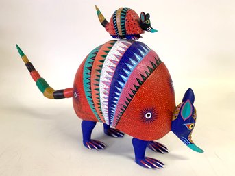 Awesome Armadillo Oaxacan  Painted Wood Carving By Artist Arsenio Morales 17 X 11 Inches