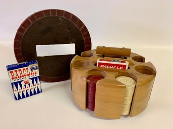 Vintage  Poker Chip Set In Wood Carousel Caddy