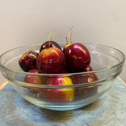 Heavy Vintage Glass Bowl With Sparkly Apple And Pom Ornaments