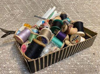 Old Shoe Box Lid Filled With Vintage Thread Wooden Spools And More
