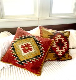 Turkish Kilim Pillows, Rich Vibrant Color And Texture. 16 X 16 With Inserts.   Set Of 2