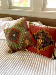 Turkish Kilim Pillows, Rich Vibrant Color And Texture. 16 X 16 With Inserts.  Set Of 2