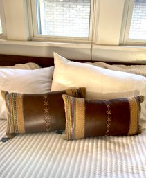 Fabulous Lumbar Kilim Style Pillows With Genuine Leather Panel And Cross Lacing.  Set/2