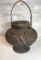 Antique Igorot Basket With Lid And Handle, Lizard Motif