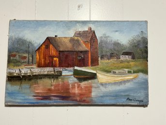 Oil Painting Boats & Red Barn By Ann Gregor