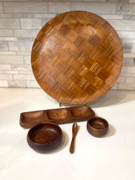 Mid Century Modern Walnut/teak Checkered Platter With Serving Pieces.