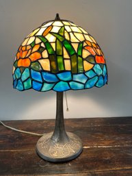 Antique Stained Glass Domed Lamp With Heavy Carved Brass Base
