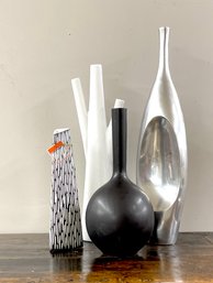 Set Of 4 Higher End Design Vases, Black White And Stainless:  Makes A Statement