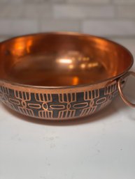 Amazing Handmade Etched Copper Bowl, Made In Columbia, 2 Ring Handles