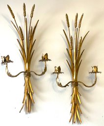Regency Style Italian Gilted Gold Wheat Sheath Candle Sconces- A Pair.