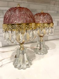 Vintage Holland Michelotti Pink/cranberry Boudoir Lamps W/ Drippy Crystals ( Set Of 2)