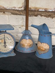 Folk Art Trio, Baby Scale, Watering Can And Funnel/plunger