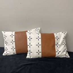 Two Matching Rectangle Pillows W/ Faux Leather Insert.  20 X 13