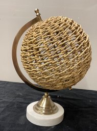 Globe Inspired Organic Woven Sphere W/ Brass Arc On Heavy Marble Base