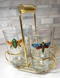 Rare: Set Of Insect Bug Glasses. S/4 In MCM Brass Caddy