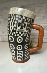 Genuine Kenyan Horn Tankard.  Hand Painter With Wood Handle And Base.