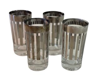 Set Of Four Vintage MCM Glasses Silver Rim W/ Vertical Stripe