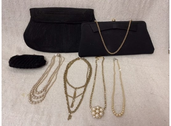 3 Black Purses And 4 Vintage Necklaces