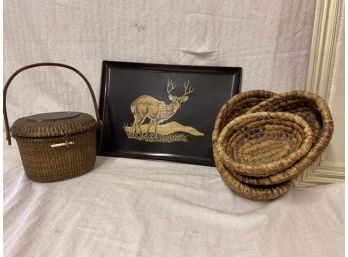 Couroc Classic Tray With Large Buck And Set Of Three Wicker Bowls And Wicker Basket