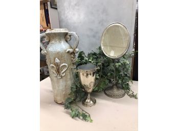 Tabletop Quad: Fleur De Lis Vase, Vintage Vanity Mirror, Potted Vine And Chrome Trophy Cup