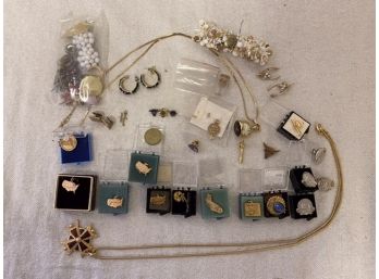Assortment Of Gold Tone Charms, Earrings, Necklaces, Bracelet And Bobbles